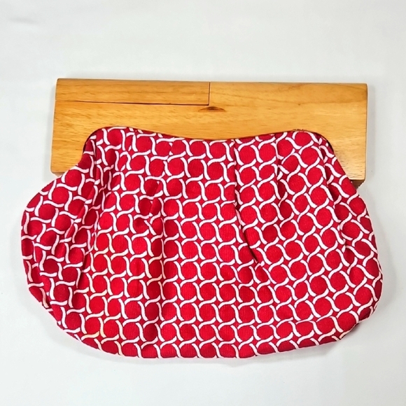 Old Navy Fabric Red & White Clutch Purse With Wooden Handles - Picture 1 of 6